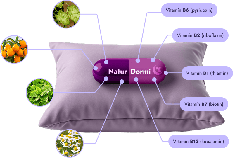 Polštář s kapslí NaturDormi® a ikonami vitamínů a bylin.